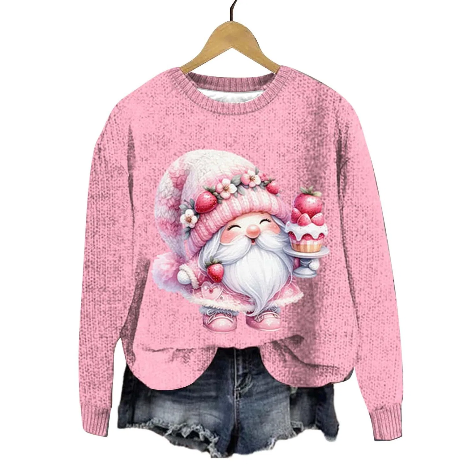 Женский свитшот с принтом Ugly Santa Claus, Z01 Pink — фото 2