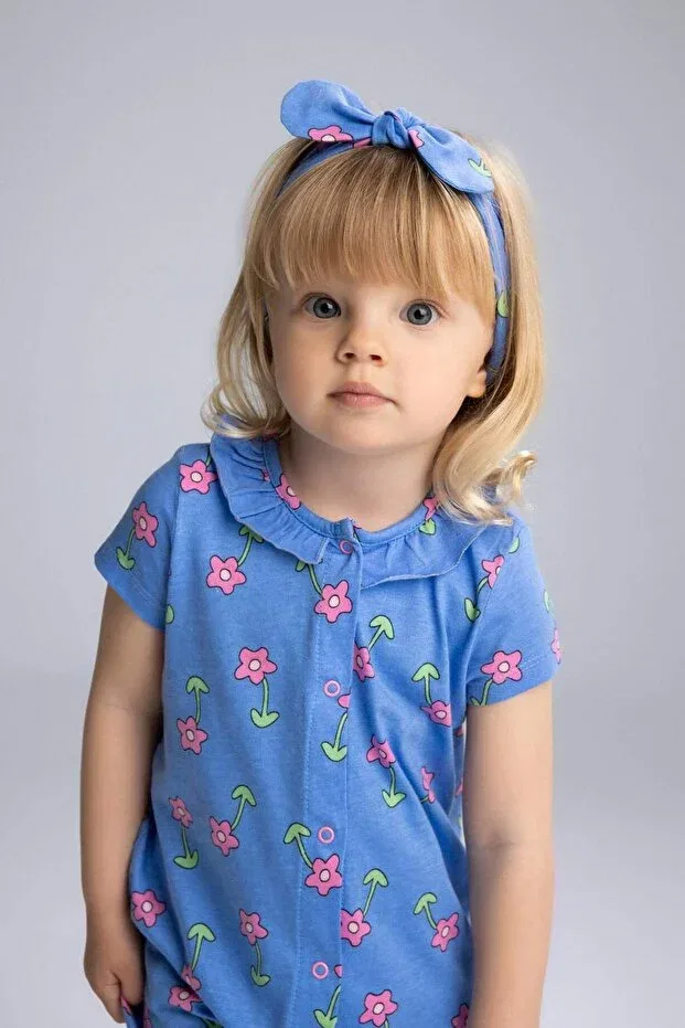 Детский комплект для девочек хлопковый с принтом 2-Piece set floral combed cotton short sleeve romper hairband baby girl newborn e8145a525sm Defacto, Blue-Be194 — фото 2