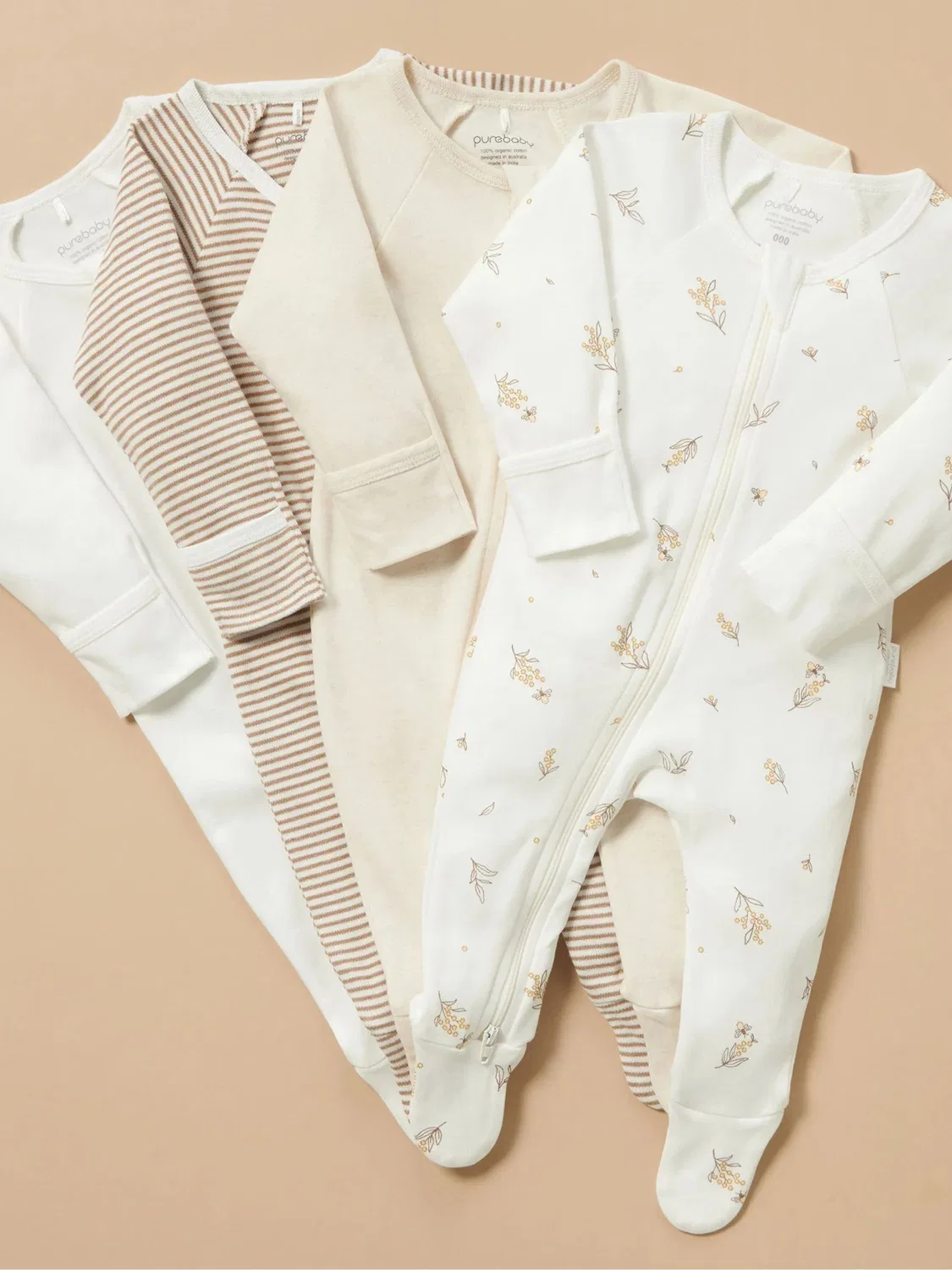 Комплект из 4 боди-слипов на молнии Purebaby Natural