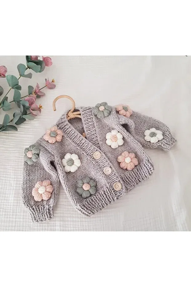 Детский кардиган с принтом Daisy Detailed Hand Knitted Children's Cardigan El Örgüsü, Brown — фото 2