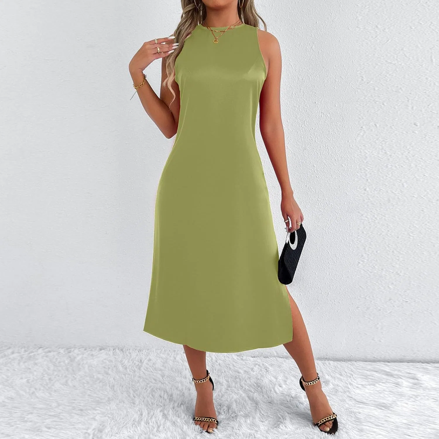 Женское сатиновое платье миди Bodycon с разрезом, Green — фото 4