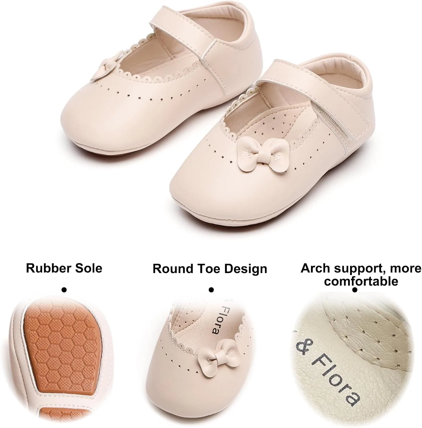 Детские туфли Мэри Джейн на мягкой подошве Moccasins Rubber Sole Crib Shoes Felix & Flora, Beige — фото 4