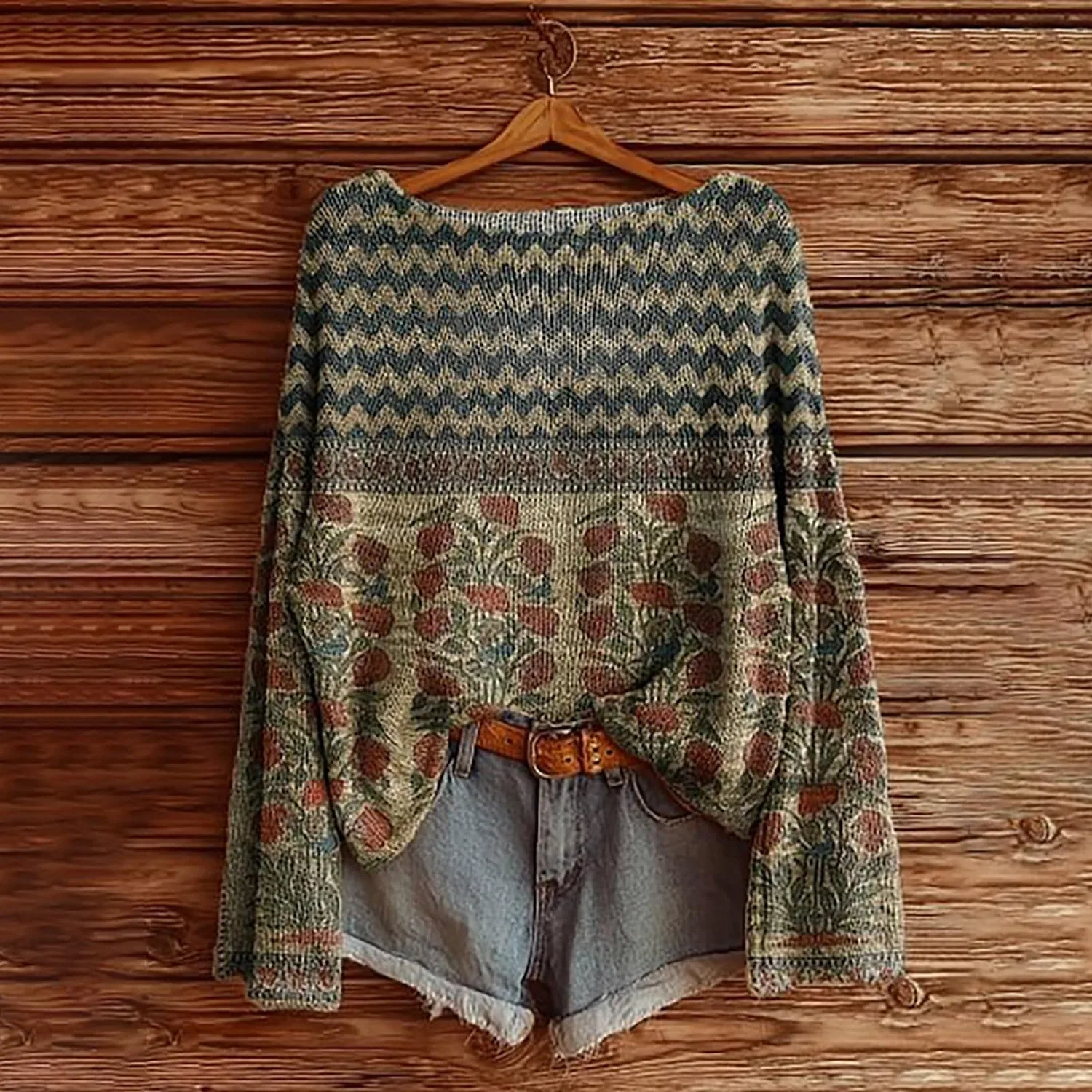 Женский свитер с цветочным принтом Vintage Floral Printed Bohemian Knitted Sweater, 5-grey — фото 2