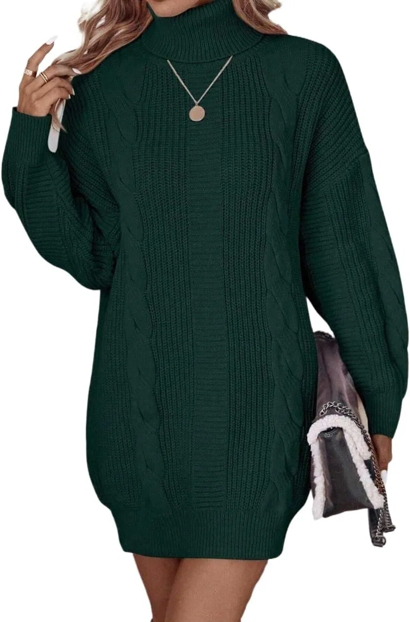 Женское вязаное платье с высоким воротником, свободный крой, Dark Green