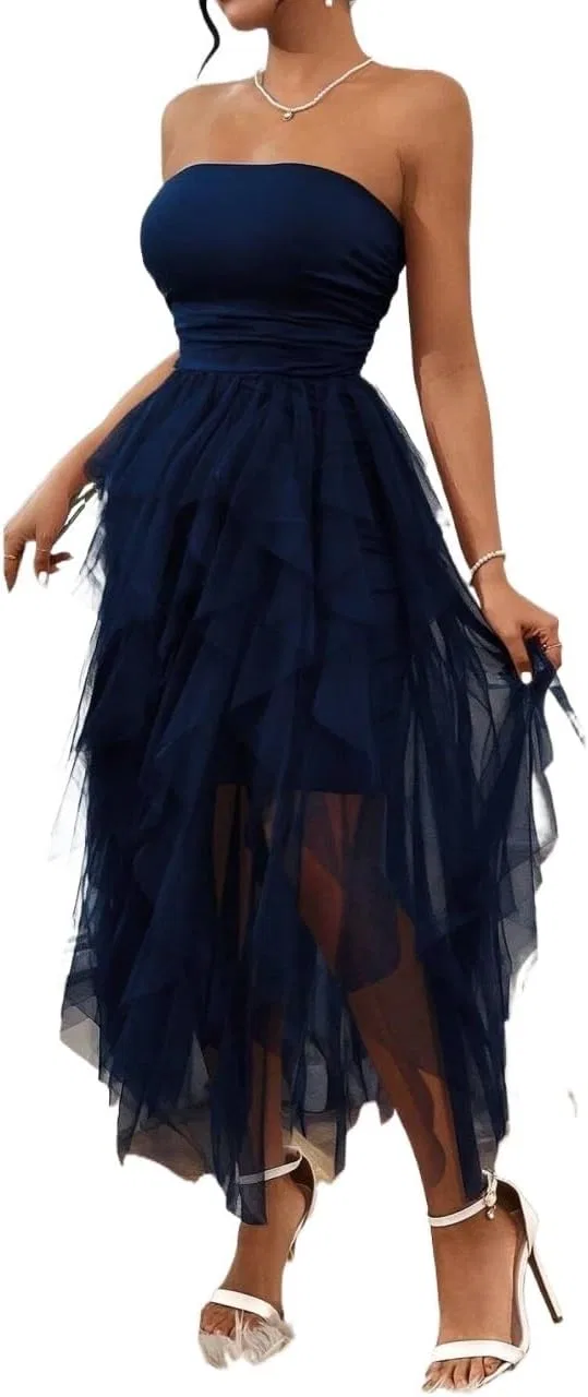 Женское A-силуэта миди платье с сетчатой вставкой, Navy Blue
