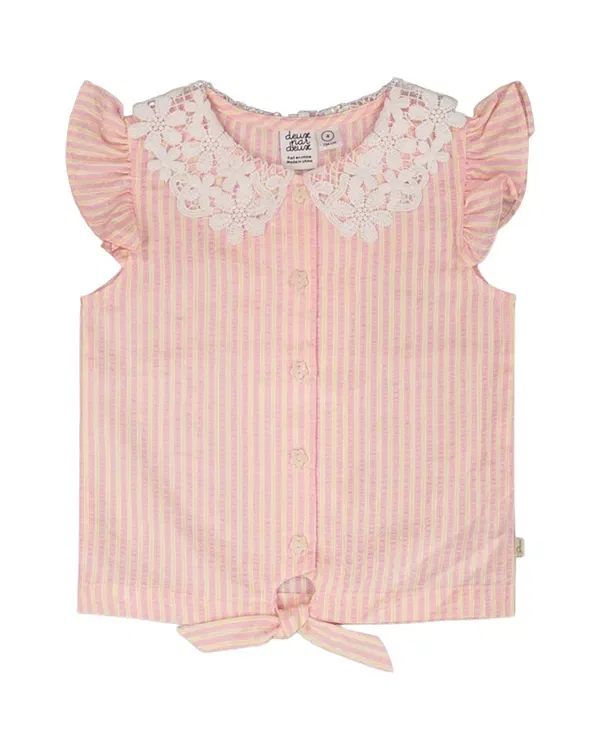 Детская рубашка для девочек без рукавов Crochet Collar Stripes Sleeveless Shirt Deux Par Deux, Pink/Yellow Stripes