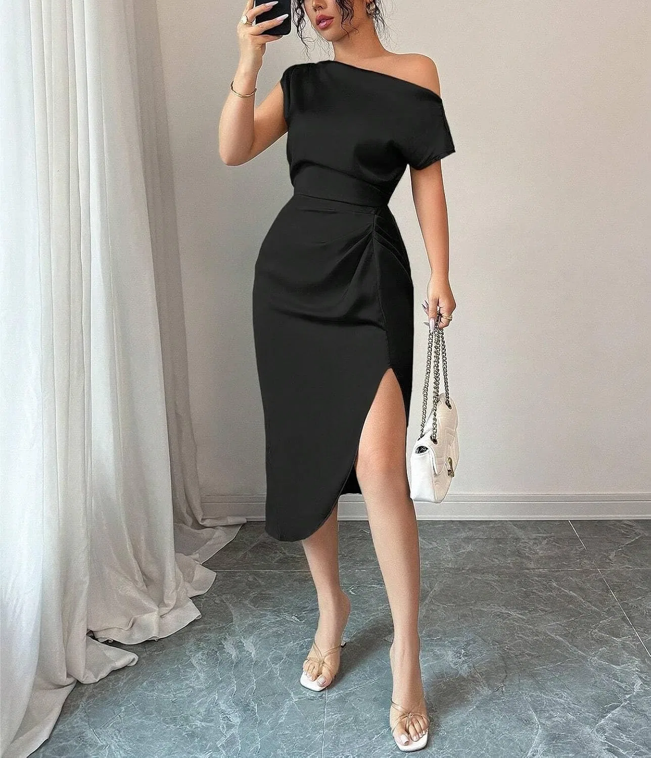 Женское миди-платье bodycon с асимметричным вырезом, Black — фото 2