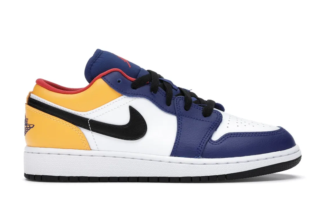 Детские кроссовки для мальчиков на липучке Jordan 1 Low Royal Yellow Jordan, White/Track Red-Deep Royal Blue