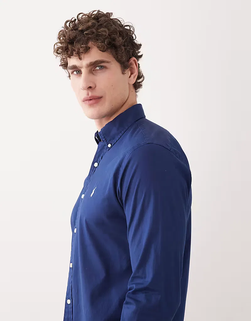 Рубашка Polo Ralph Lauren с длинными рукавами из хлопковой саржи с логотипом Icon, темно-синий — фото 4