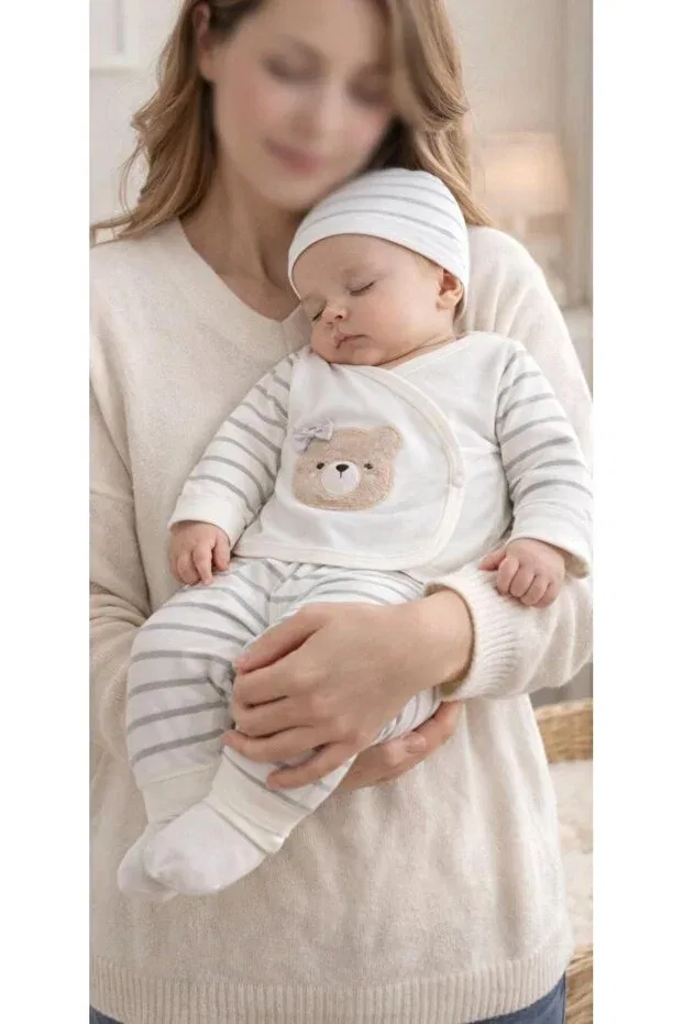 Детский комплект боди для новорожденных хлопковый с принтом Teddy Bear Pattern Bys Baby Fashion, Ekru Striped — фото 2