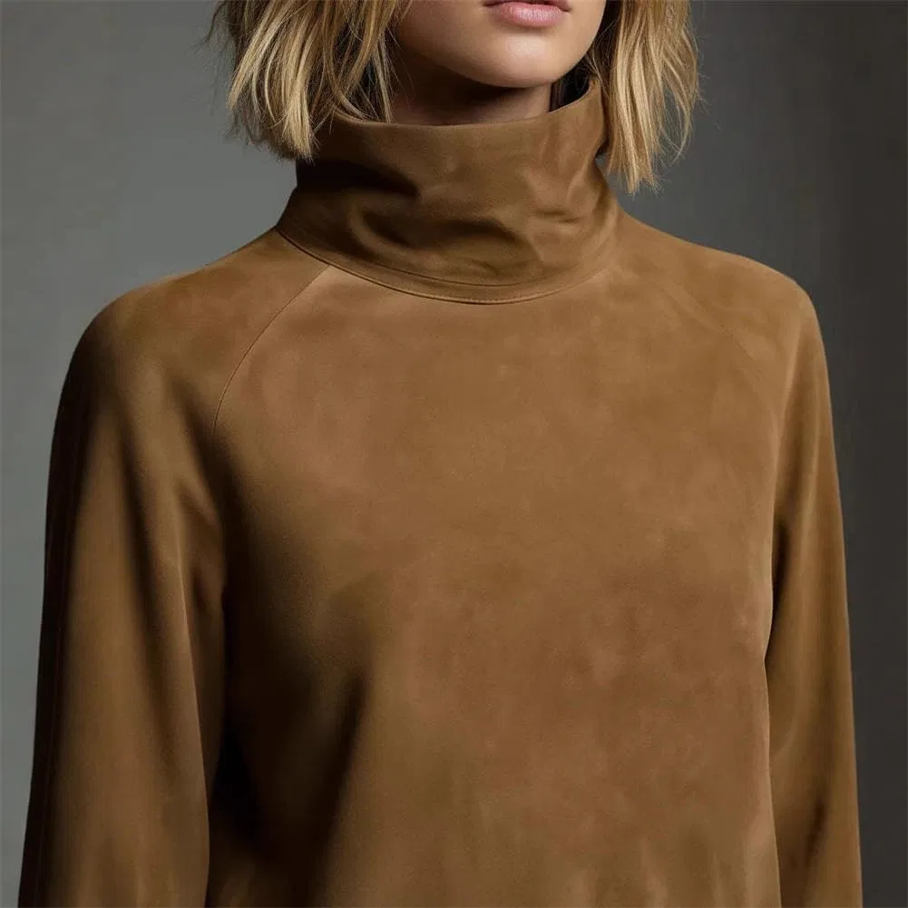 Женское винтажное платье мини из замши с высоким воротником, Brown — фото 2