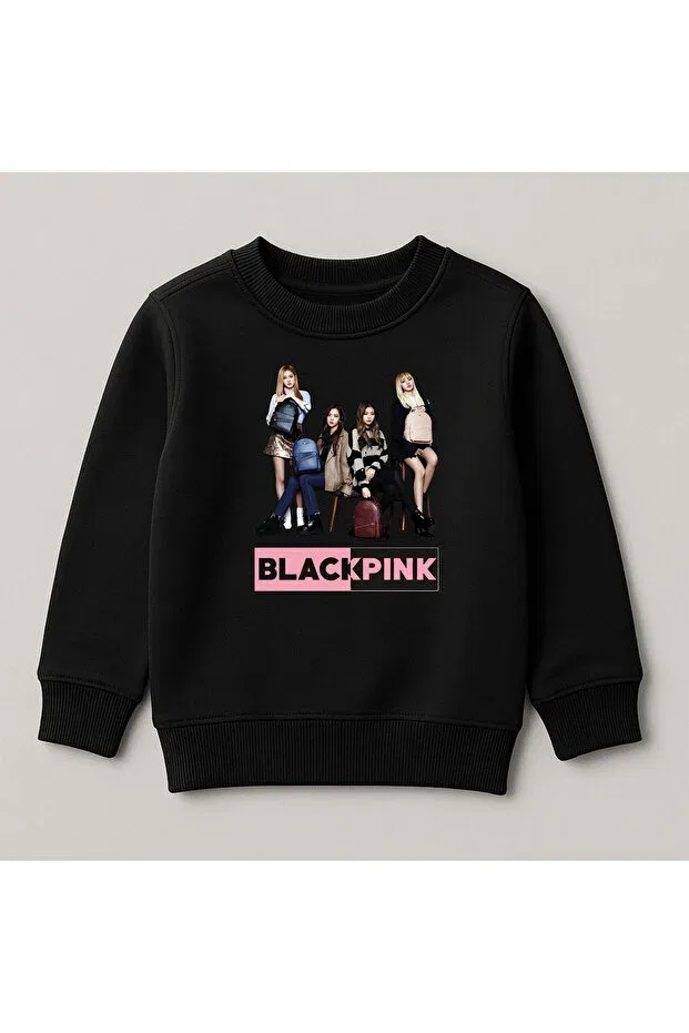 Детское худи для девочек с принтом Black Pink Printed Crew Neck 100% Cotton Kids Svart Wear, Black