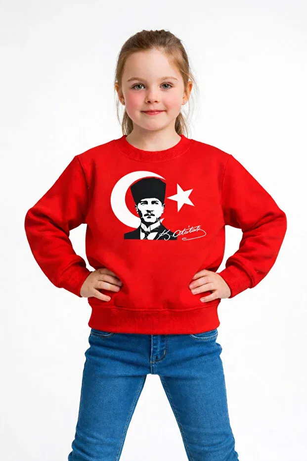 Детские свитшот для девочек с принтом Atatürk And Flag Prints, Signed, May 19 Efendioğlu Design, Red — фото 2