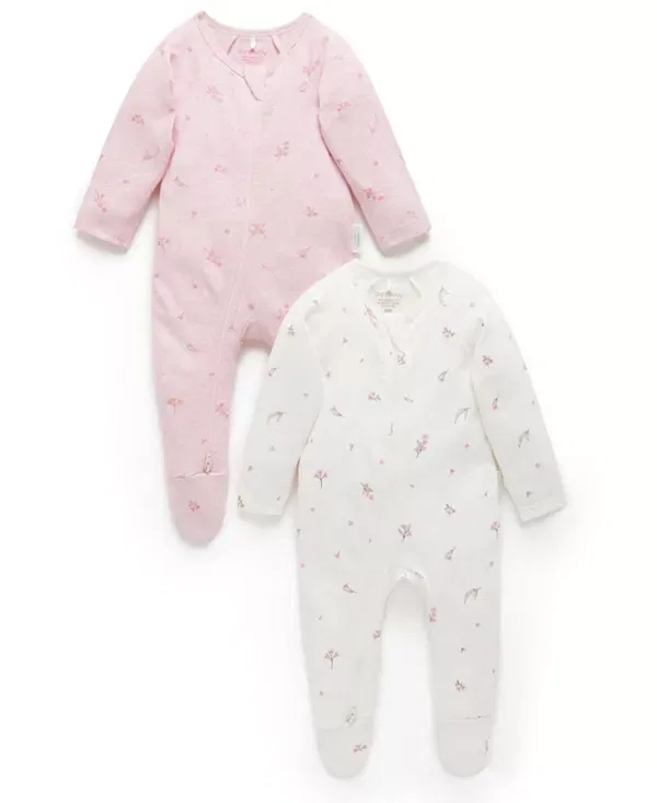 Детский комбинезон на молнии 2-в-1 с длинным рукавом Purebaby, Pale Pink Blossom Pack