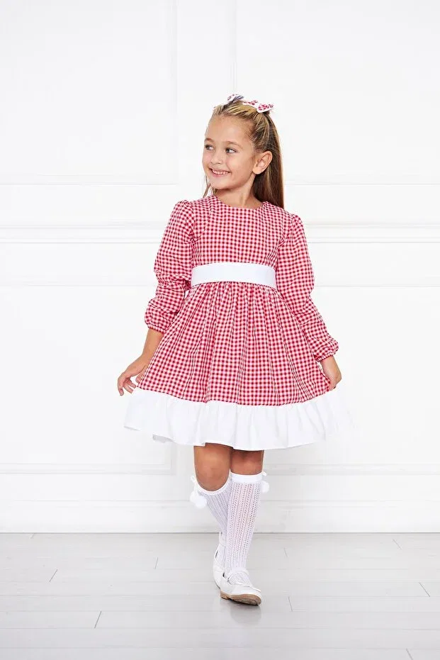 Детское платье для девочек с принтом Red Gingham Patterned Frilly Girl's Dress Moda Lippa, Red — фото 4