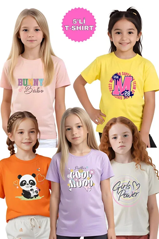 Детский комплект футболок для девочек с принтом Panda Power Girls Fyk Collection, Lilac-Orange-Cream-Salmon-Yellow