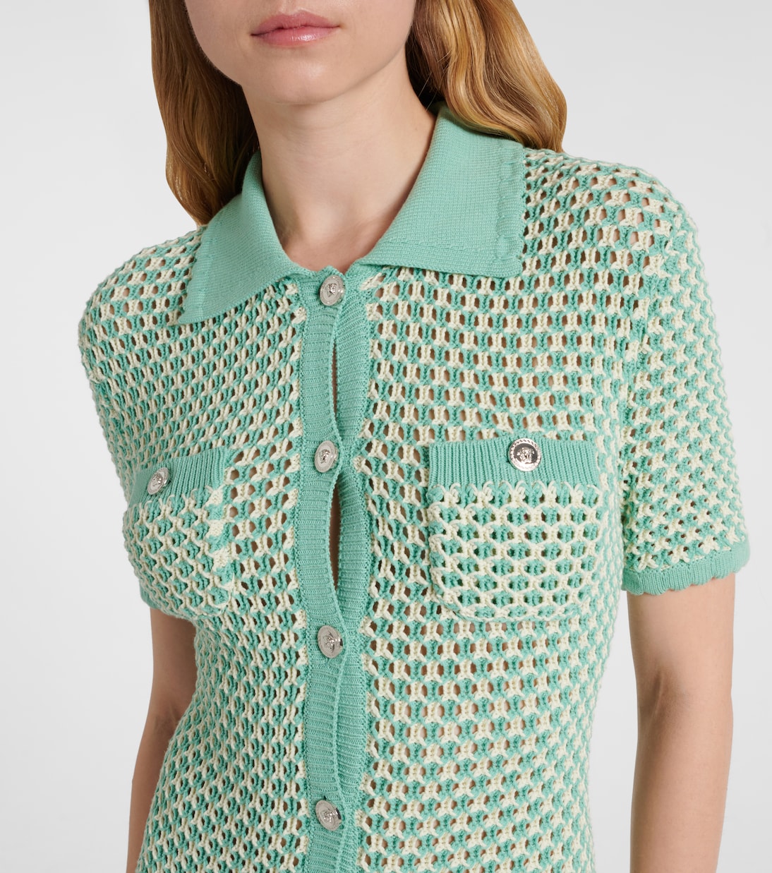 Платье макси из хлопковой смеси, связанное крючком Versace, Eggshell+Sea Green — фото 4
