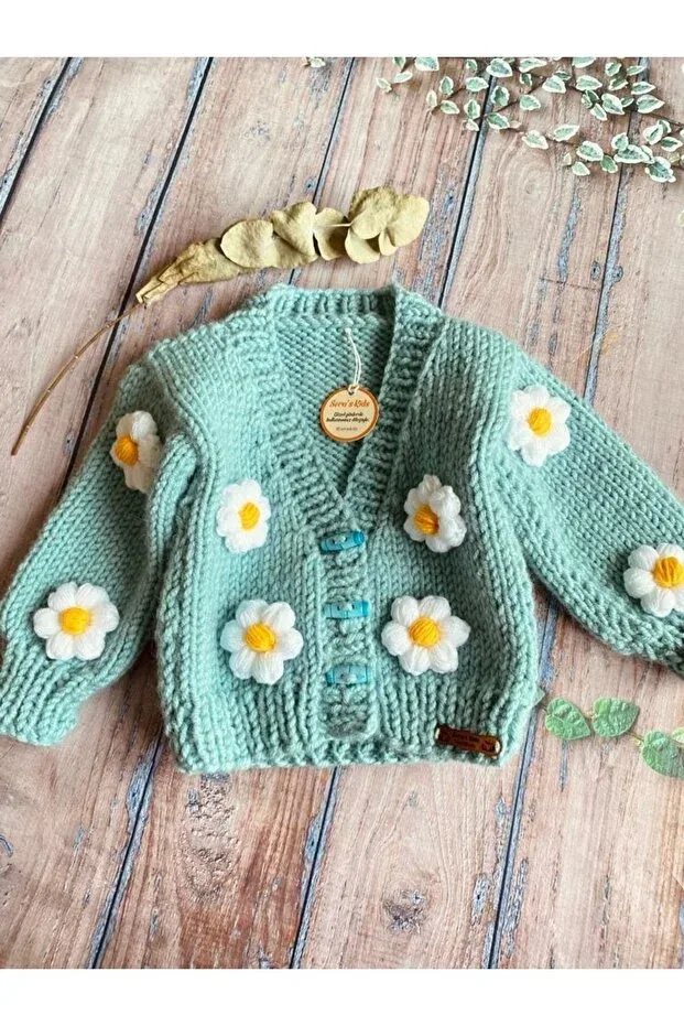 Детский кардиган для девочек с принтом Hand Knitted Turquoise Color Daisy Crop Seraskids, Turquoise — фото 3
