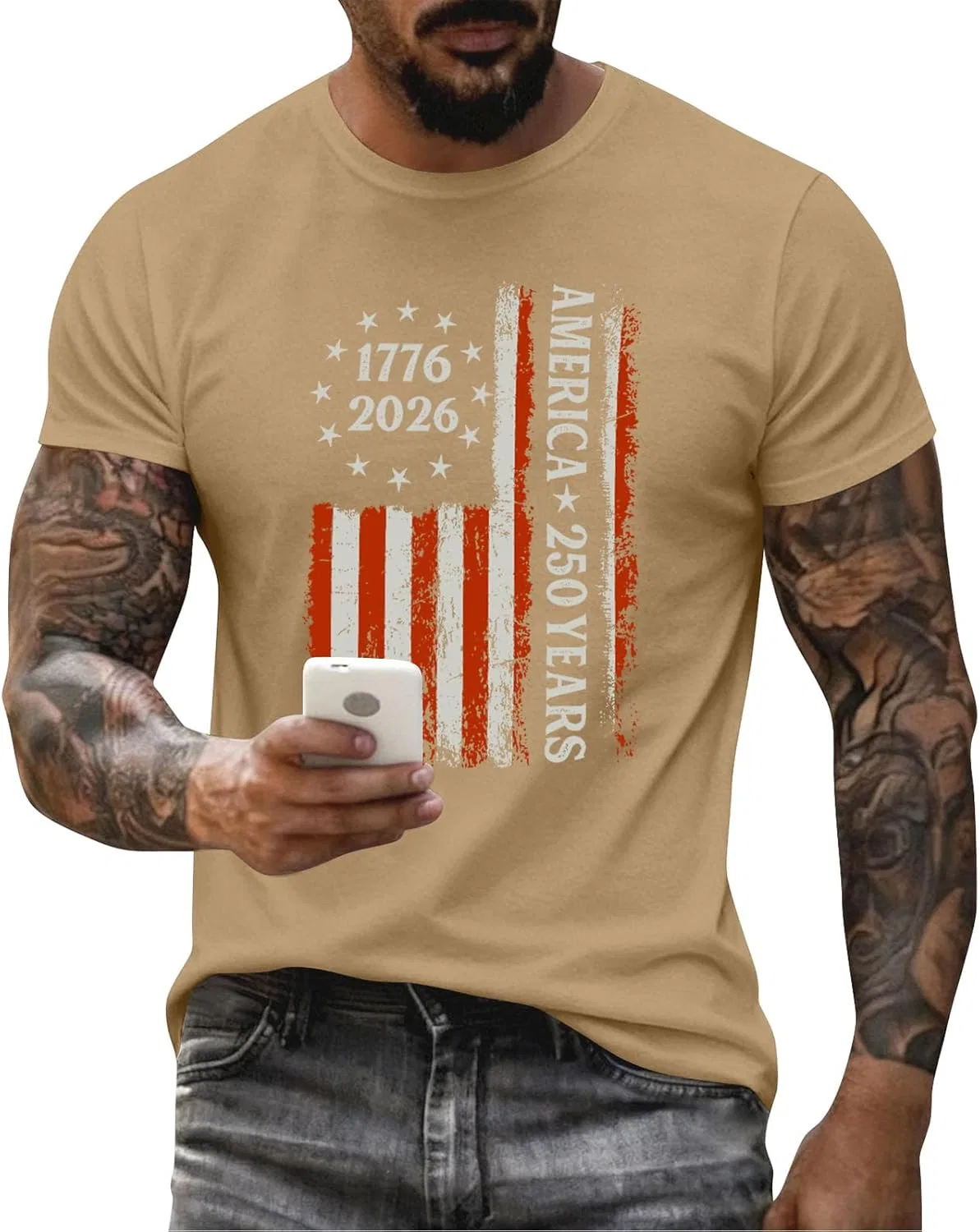 Мужская футболка с американским флагом, Short Sleeve Crewneck, Khaki