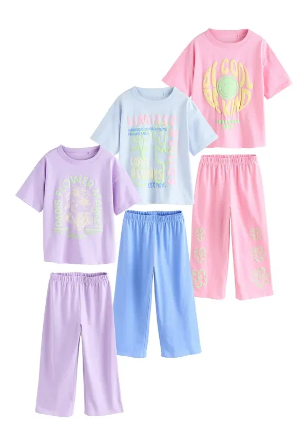 Набор пижам из 3 штук, хлопок, Regular fit - wide leg pyjamas 3 pack set, Next, pink lilac slogan, розовый/сиреневый — фото 3