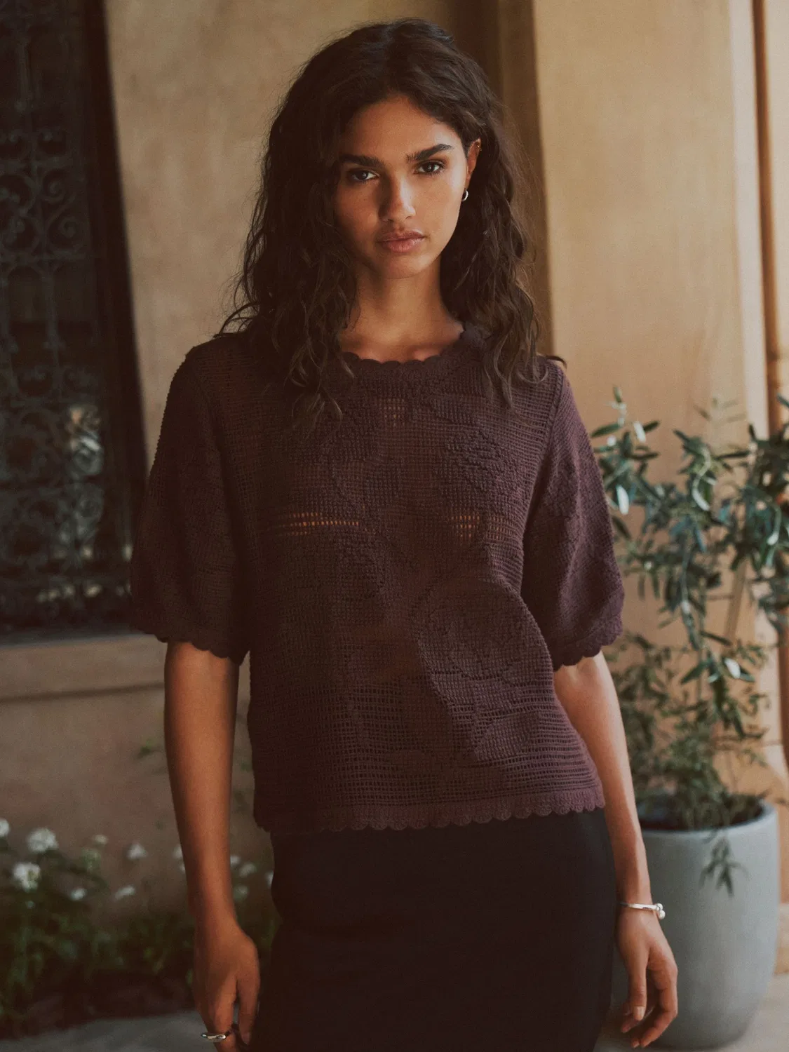 Футболка с цветочным кружевом, Chocolate Brown Floral Next — фото 4