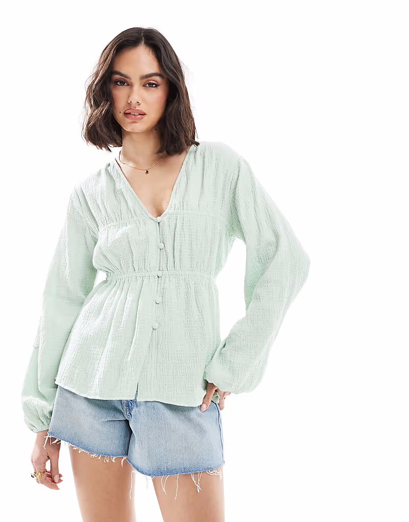 

Топ ASOS DESIGN с длинными рукавами и пуговицами спереди, шалфейного цвета