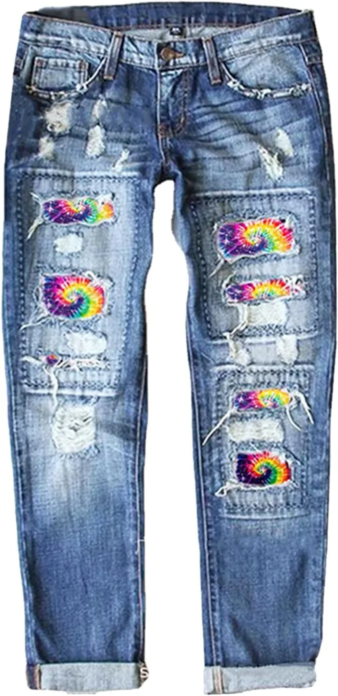

Женские джинсы boyfriend с завышенной талией, рваные, с принтом тай-дай и заплатками TACSTRUN