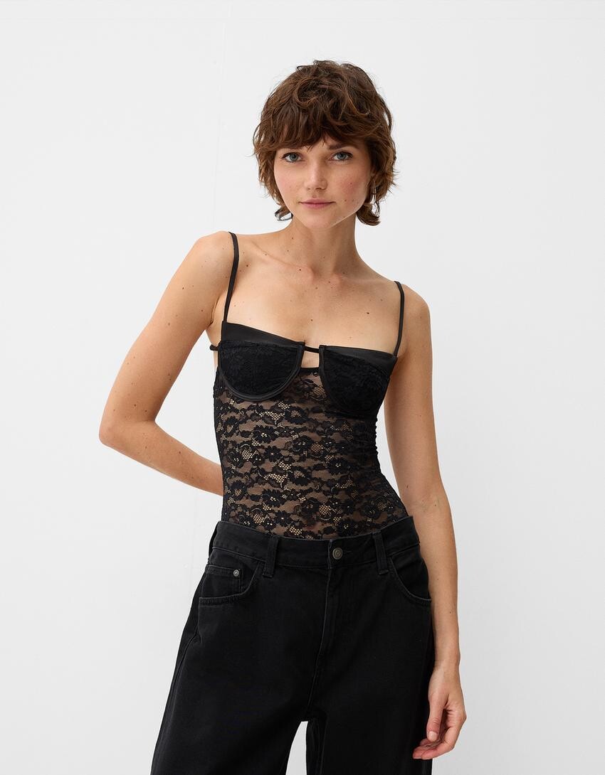 

Боди из светлого кружева Bershka, черный