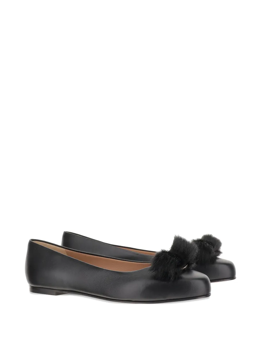 Балетки Vara из кожи с меховыми помпонами Ferragamo, черный — фото 2