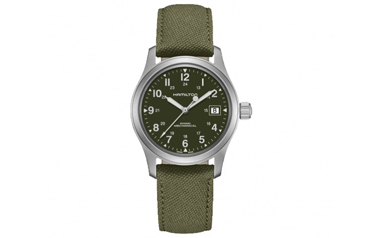 

Hamilton Часы Khaki Field Series Manual Mechanical Movement Men's Watch 38mm Green Dial Stainless Steel Case Fabric Strap, Green Dial