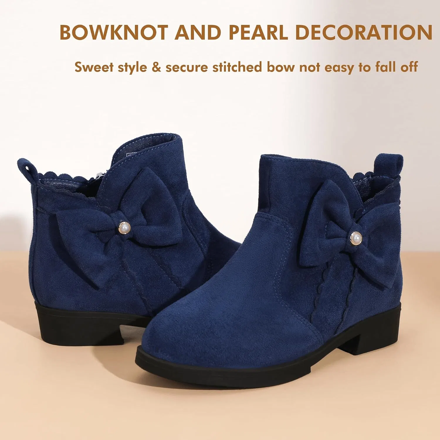 Детские ботинки для девочек с жемчугом и бантом Clara PANDANINJIA, Navy Suede — фото 4
