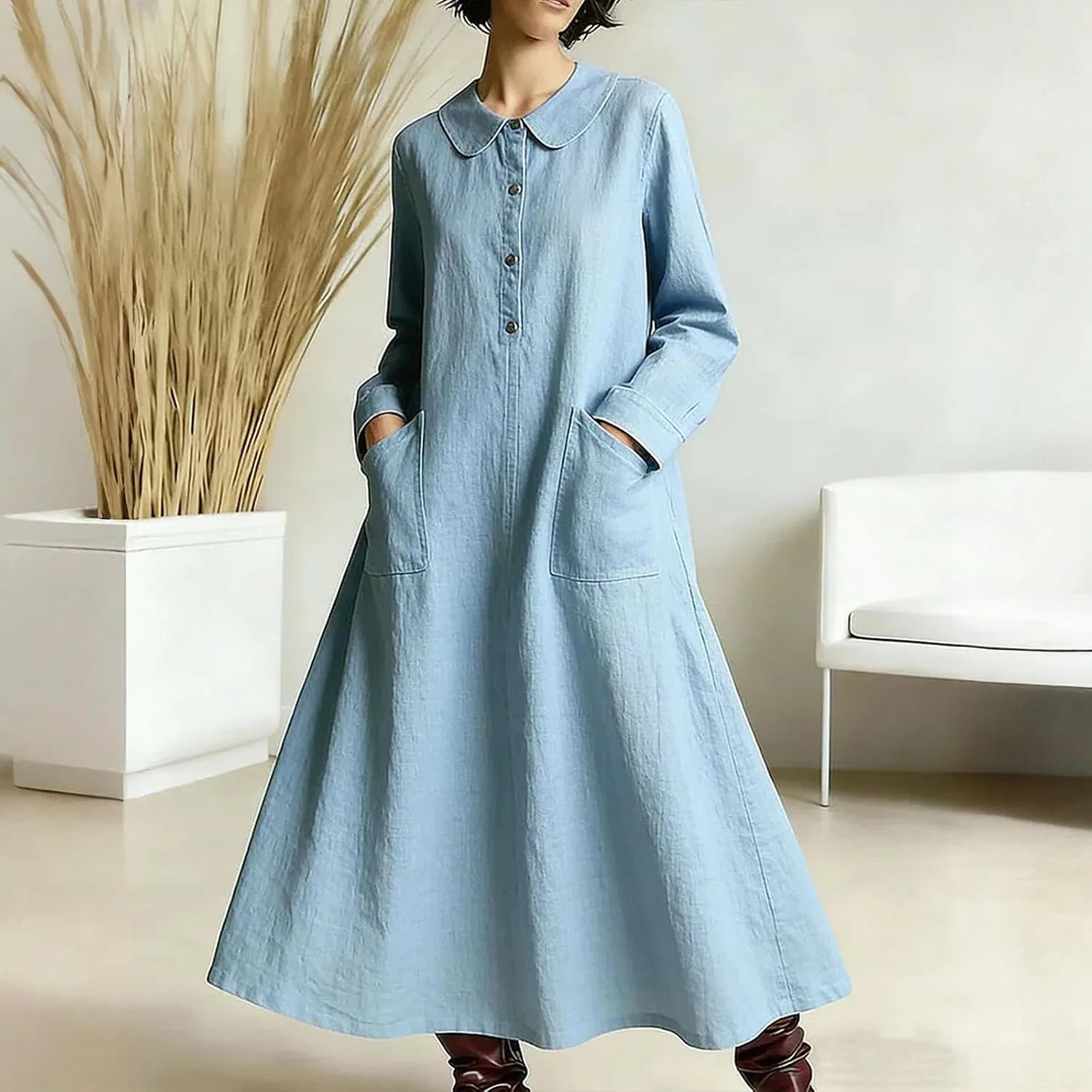 Женское повседневное платье-рубашка с карманами, Sky Blue — фото 2