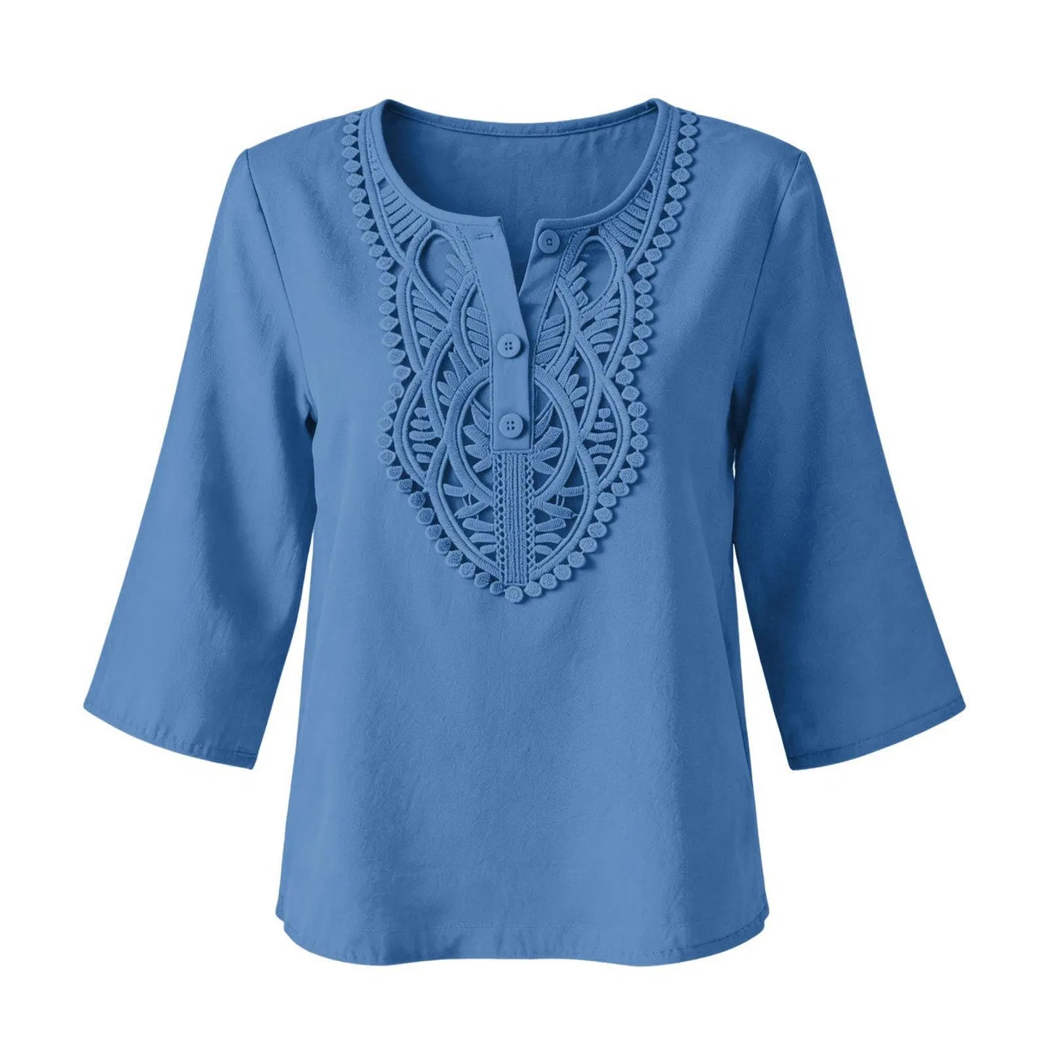 Женская льняная туника с вышивкой Retro 3/4 Sleeve Boho Casual Loose Fit Lightweight Summer Beach Blouse, A-blue — фото 4