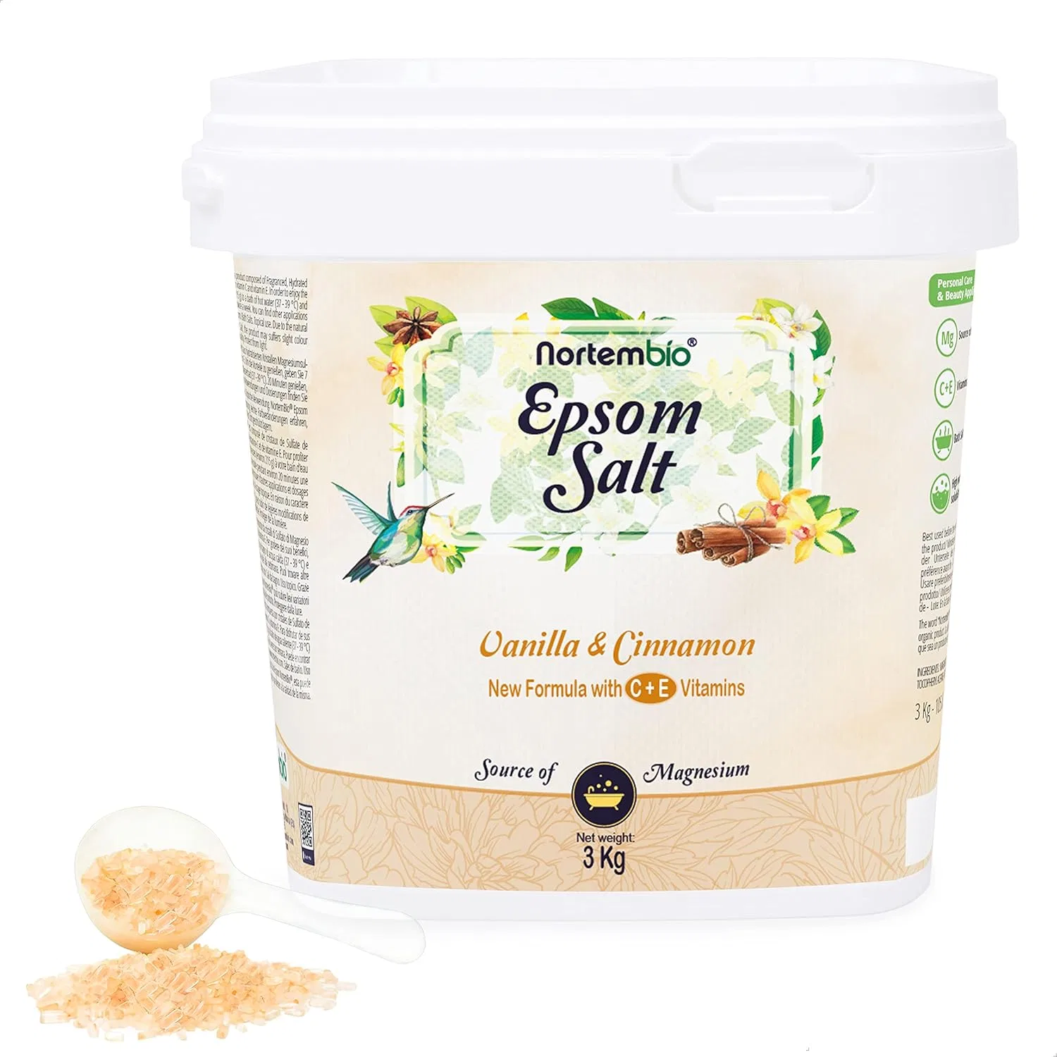 Соль для ванн Epsom Salt с ароматом ванили и корицы Nortembio, 3 кг, Vanilla Cinnamon