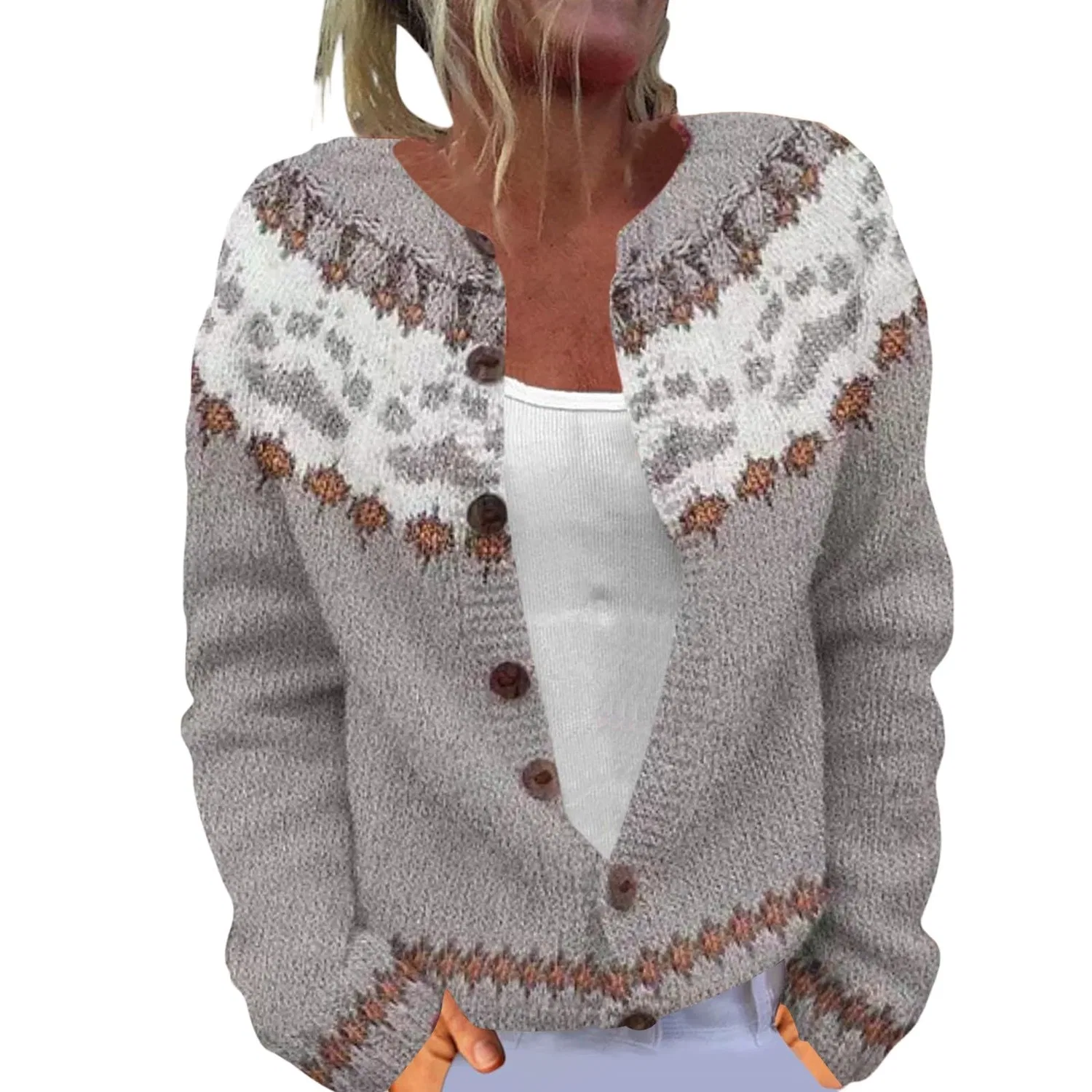 Женский кардиган с принтом Fair Isle Nordic Patterned Sweater, Light Ash-f