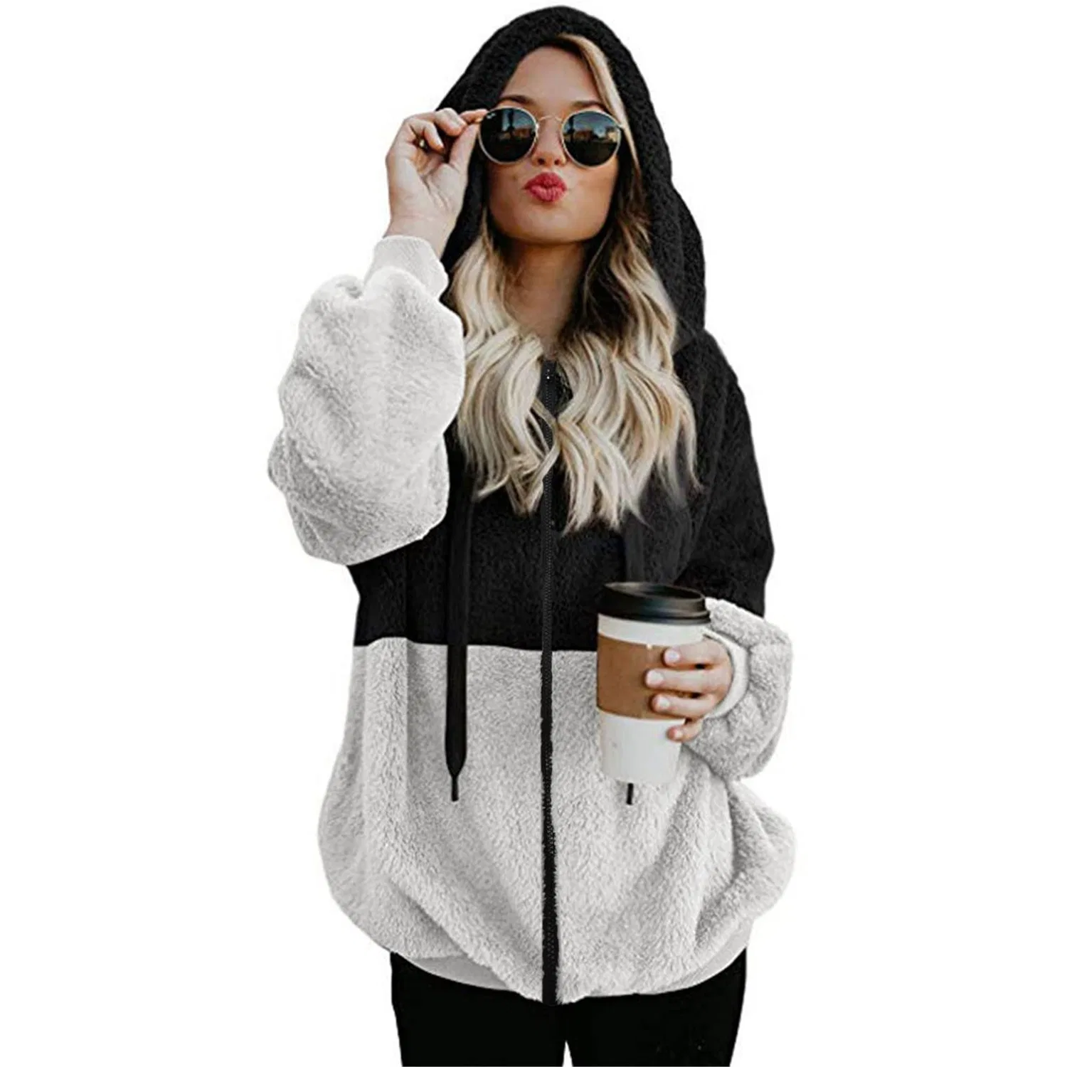 Женское зимнее пальто с капюшоном и карманами на молнии, Black — фото 4