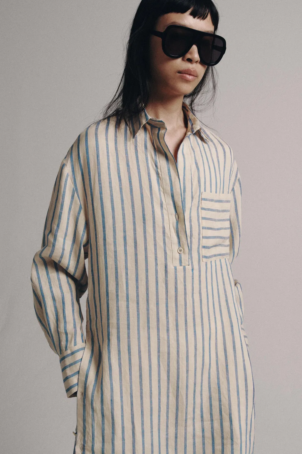 Платье-рубашка в полоску из коллекции ZW, 100% лен. ZARA, Blue — фото 2