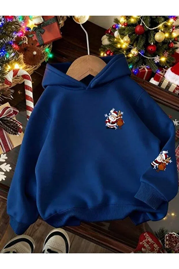 Детское худи для мальчиков с принтом Santa Claus Printed Hooded Daxia, Navy Blue — фото 2