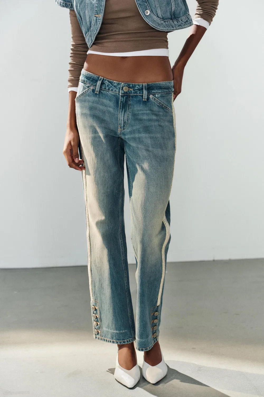 Джинсы TRF средней посадки прямого кроя с боковыми вставками ZARA, Blue — фото 2