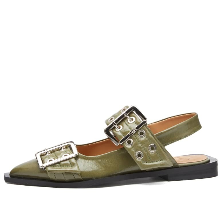 

Сандалии Ganni Feminine Buckle Ballerina Naplack, темно-зеленый