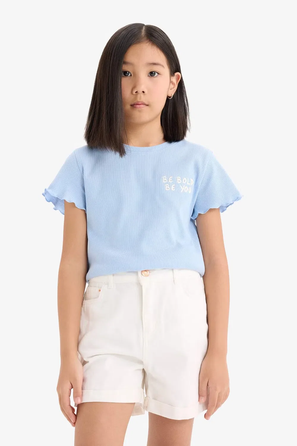 Футболка с принтом-слоганом, модель Girl slim fit slogan printed, Defacto, синий — фото 3