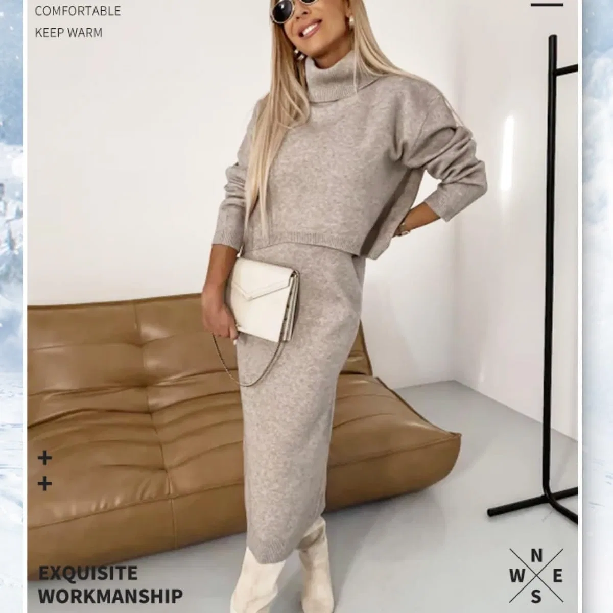 Женский комплект из свитера с водолазкой и миди-платья Ribbed Long Sleeve, Gray — фото 4