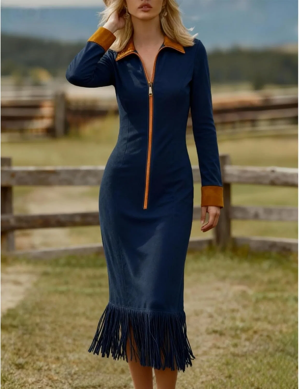 Женское винтажное платье миди с бахромой, Navy Blue — фото 2