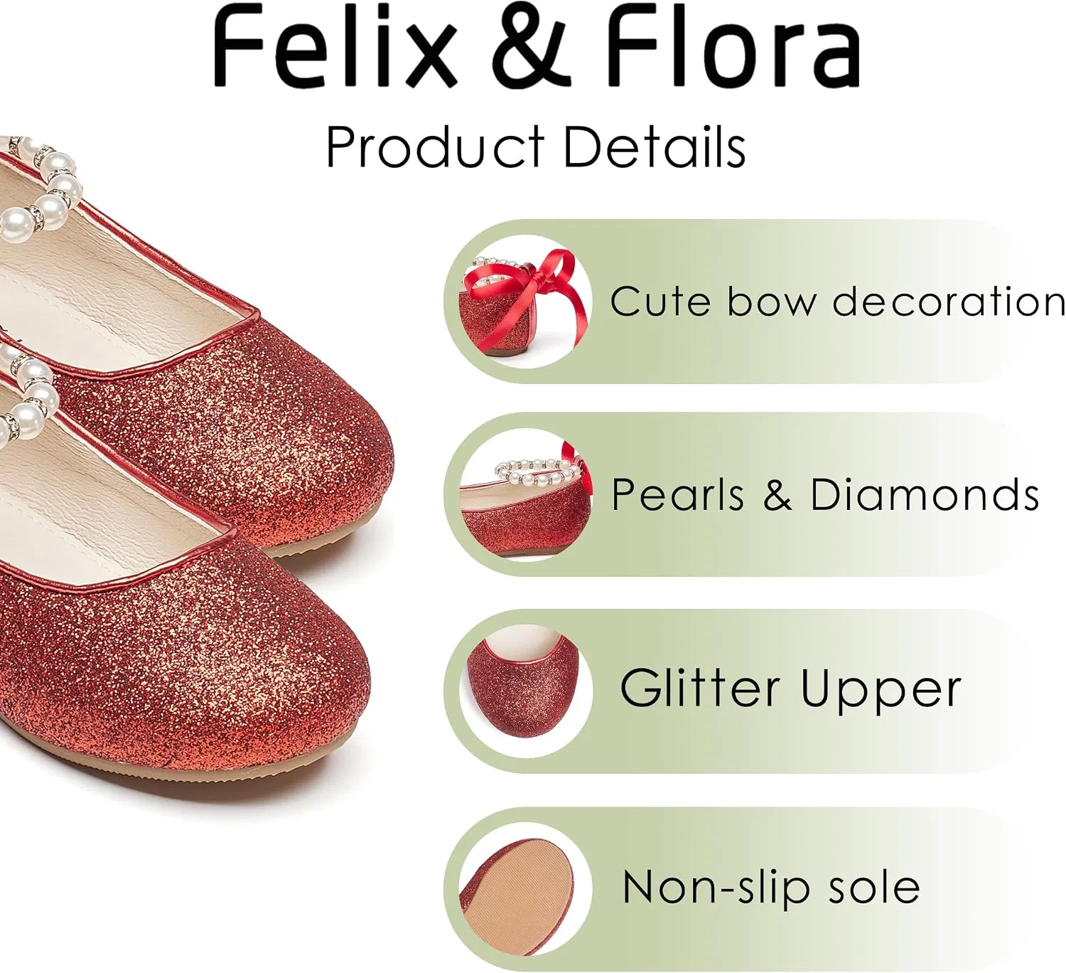 Детские балетки для девочек с цветочным принтом Felix & Flora, Glitter Red — фото 4