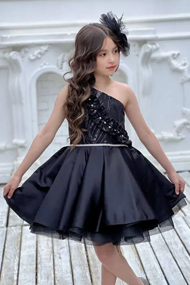 Детское вечернее платье для девочек с одним плечом Basics Riccotarz, Black — фото 2