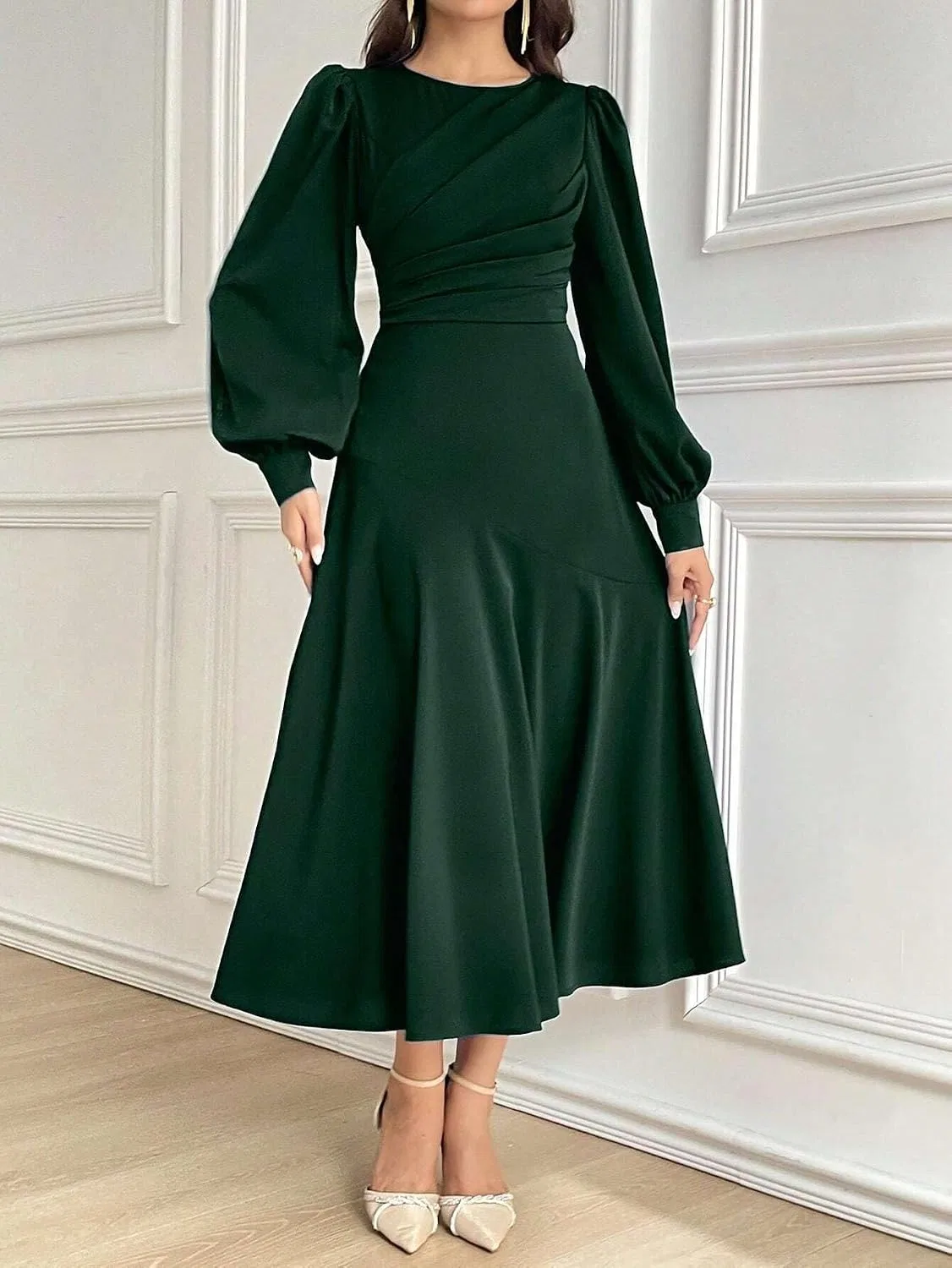 Женское A-силуэта платье с воротником-стойкой, Dark Green — фото 3