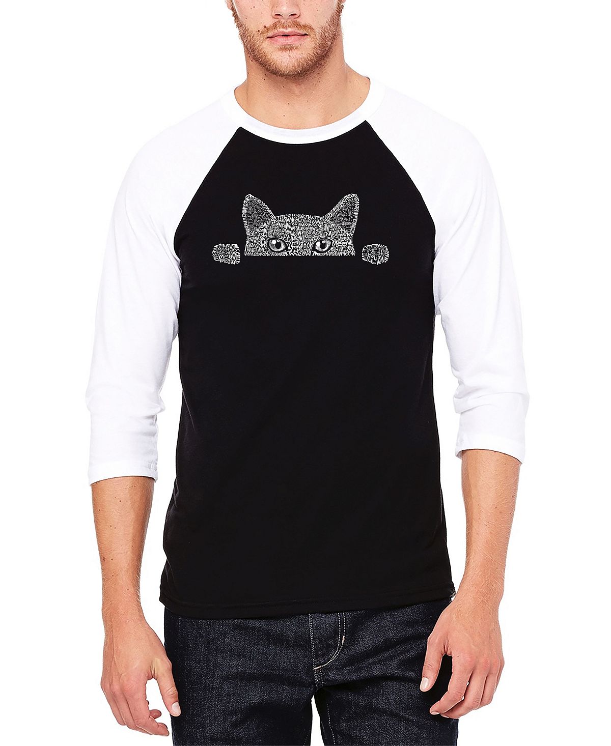 

Мужская бейсбольная футболка peeking cat raglan word art LA Pop Art, черно-белый, Черный, Мужская бейсбольная футболка peeking cat raglan word art LA Pop Art, черно-белый