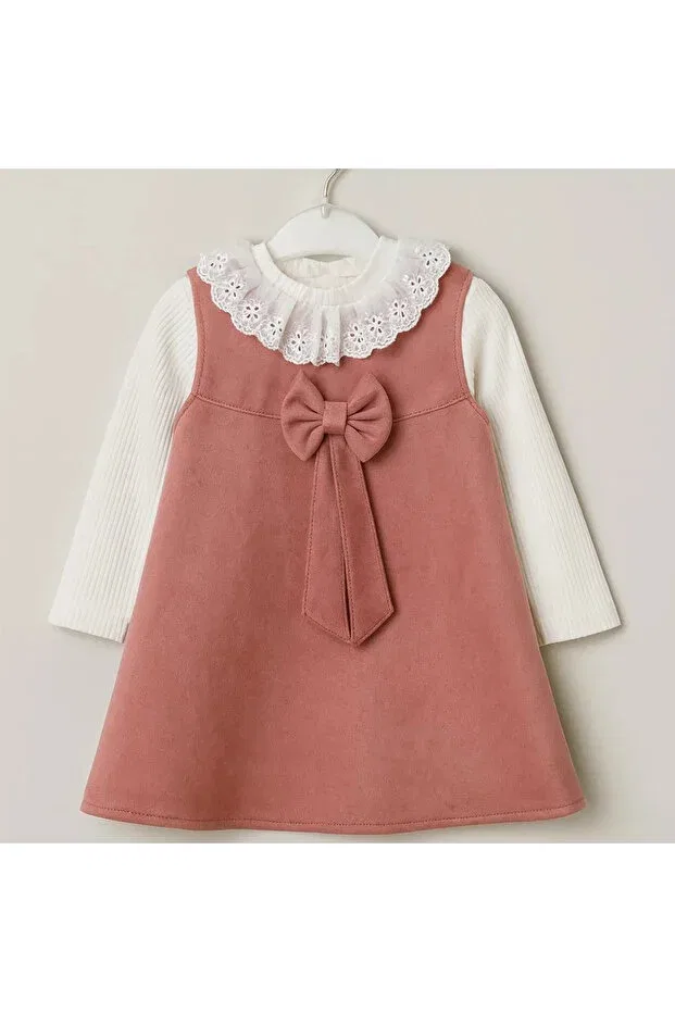 Детское платье для девочек с длинным рукавом Powder Pink Bow Detailed Suede Dress Kidstalya, Pink
