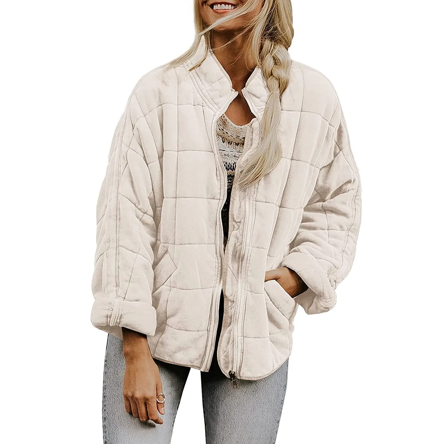 Женское стёганое пальто с воротником-стойкой, лёгкое, пуховое, Winter Jackets for Women, White — фото 2