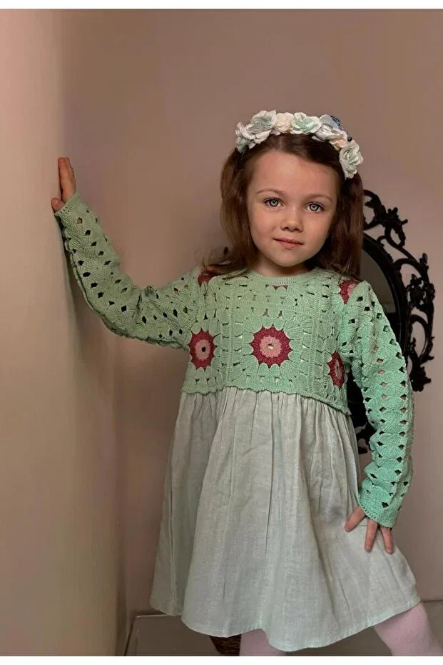 Детское платье для девочек с принтом Muslin strain detailed dress Alpids, Green — фото 2